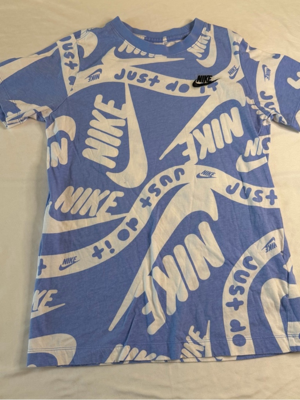 Nike Light Blue & White Allover Logo Tee youth L